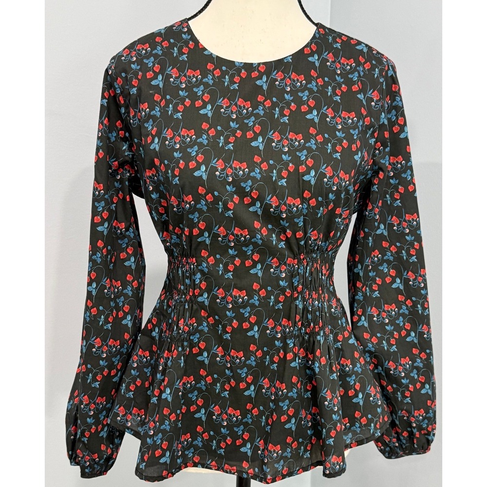 J.Crew Liberty Fabric Chiffon Shirred-Waist Strawberry Print Waist Peplum Top 2